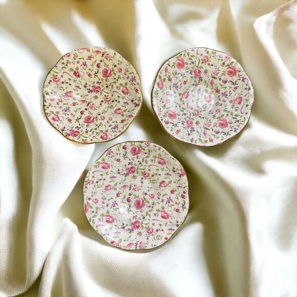 Rosina 5” Bone China teacup saucer, Made in England Chintz pattern set of 3 - Picture 1 of 16